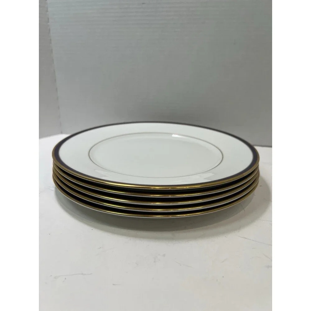 Lenox Oxford Annapolis Blue Bone China Gold Trim Dinner Plate Set Of 5